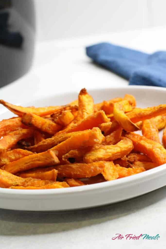 Closeup of plate of sweet potato fries.