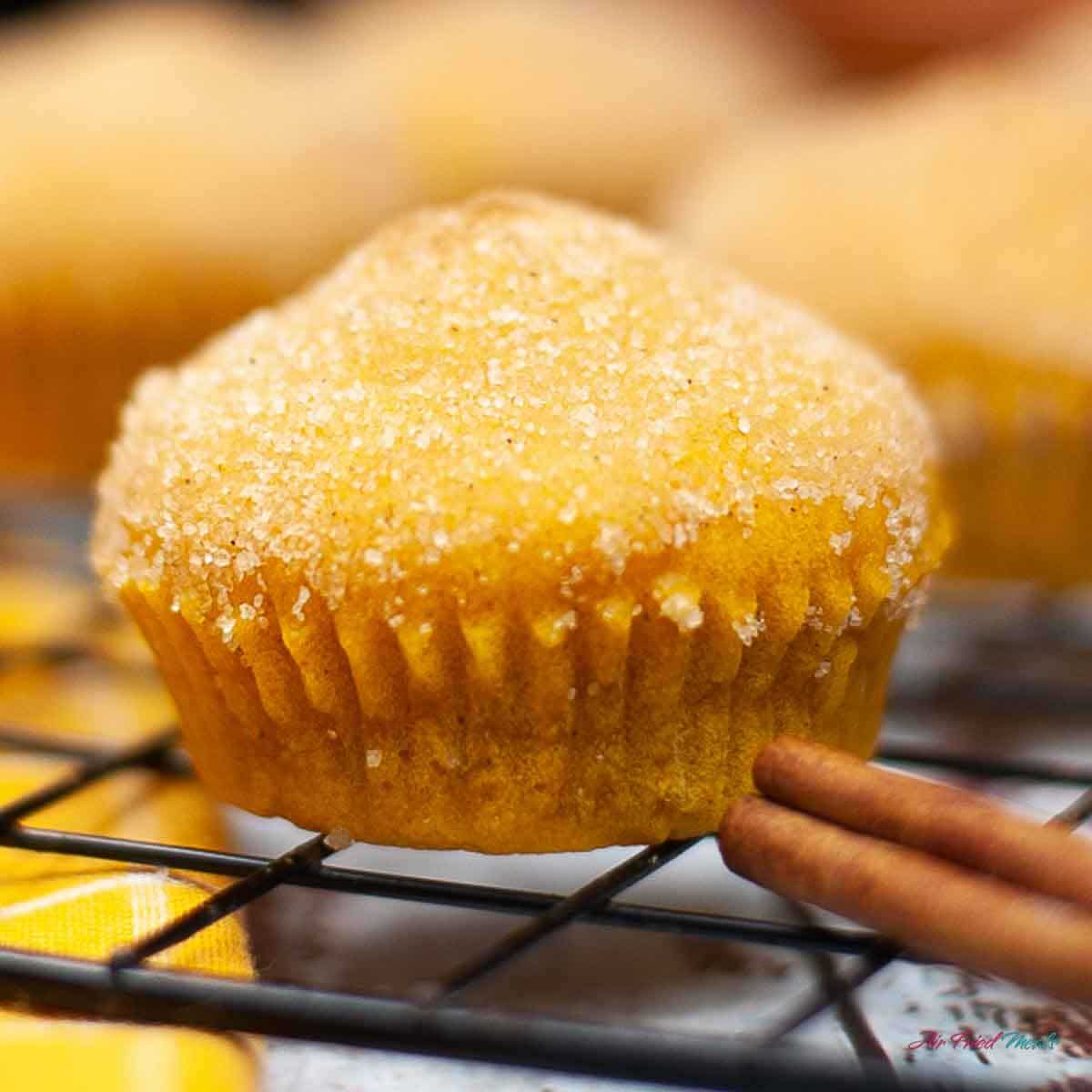 Closeup of air fryer pumpkin muffin.