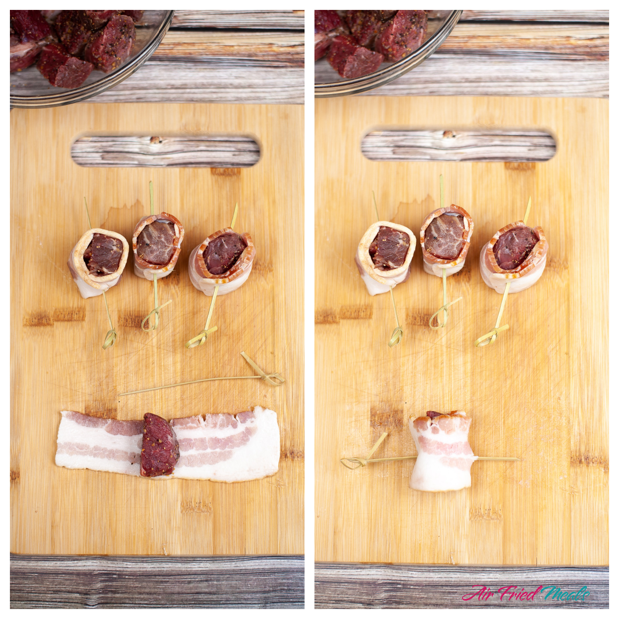 Collage - left has steak over a slice of bacon, right has bacon rolled up around steak and pinned with toothpick.